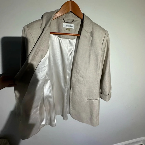 CALVIN KLEIN Beige Women Linen Blazer 3/4 Cuffed Sleeves Size 14 - Picture 3 of 10